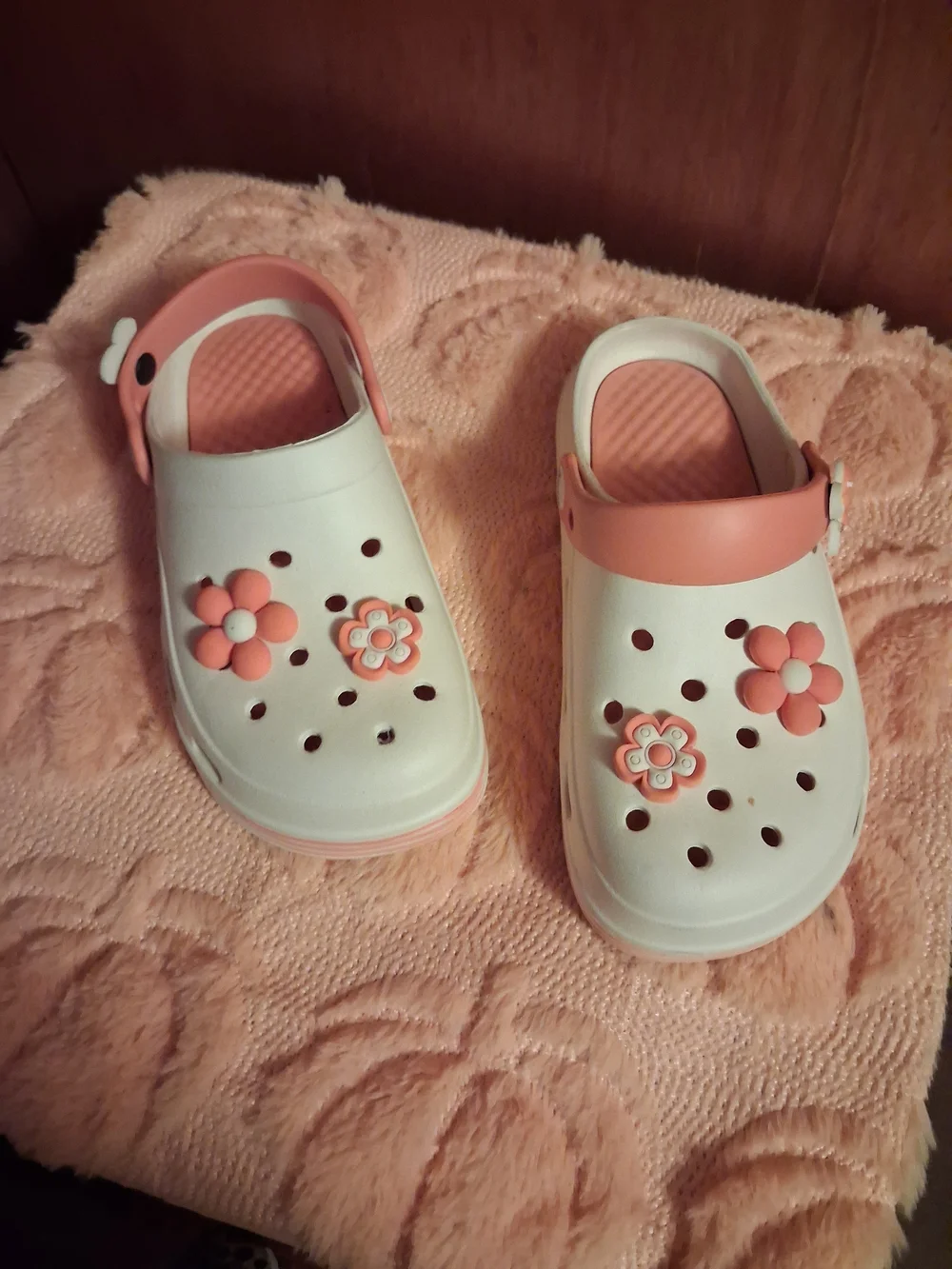 Kids White and Orange Clog Sandals with Flower Charms. Adult Size 6